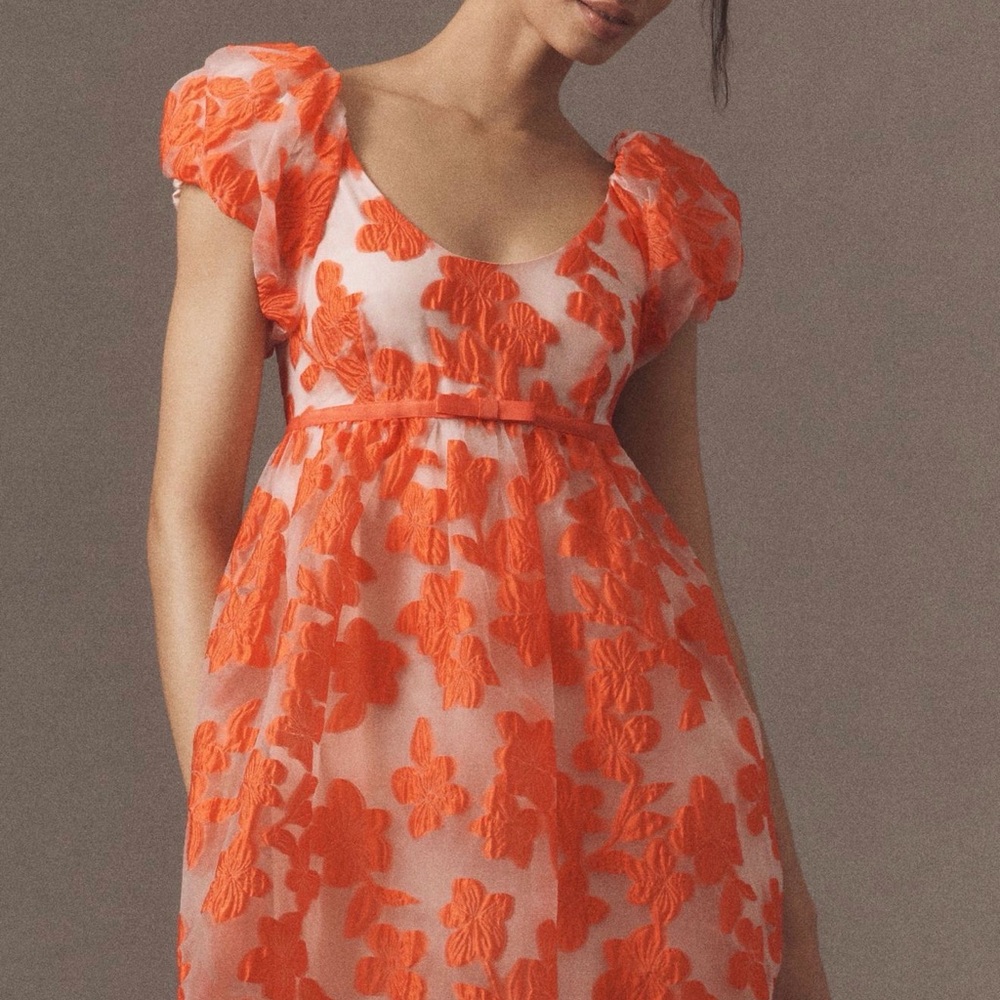 Anthropologie Orange Floral Puff-Sleeve Mini Dress